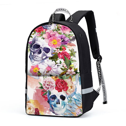 Floral rose skull Backpack With Reflective Bar