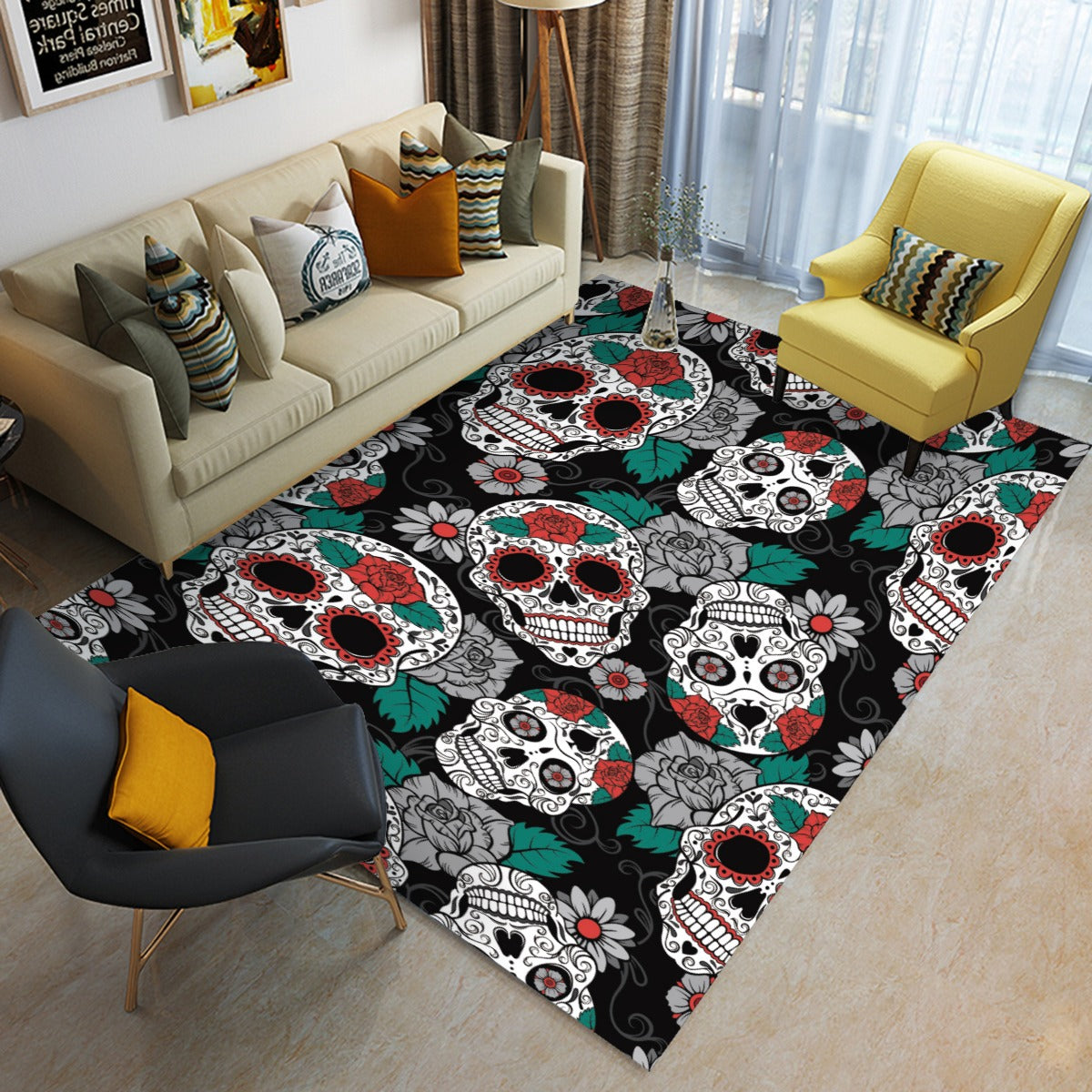 Floral sugar skull pattern Foldable Rectangular Floor Mat
