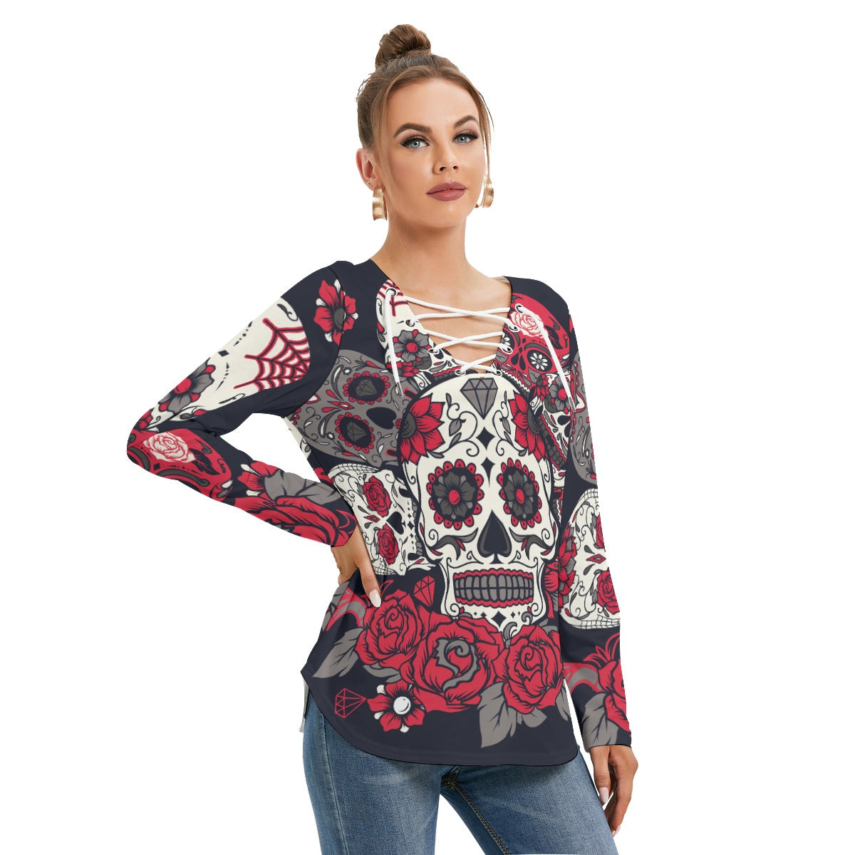 Dia de los muertos candy skull floral Women's Long Sleeve Neckline Tie Sweatshirt