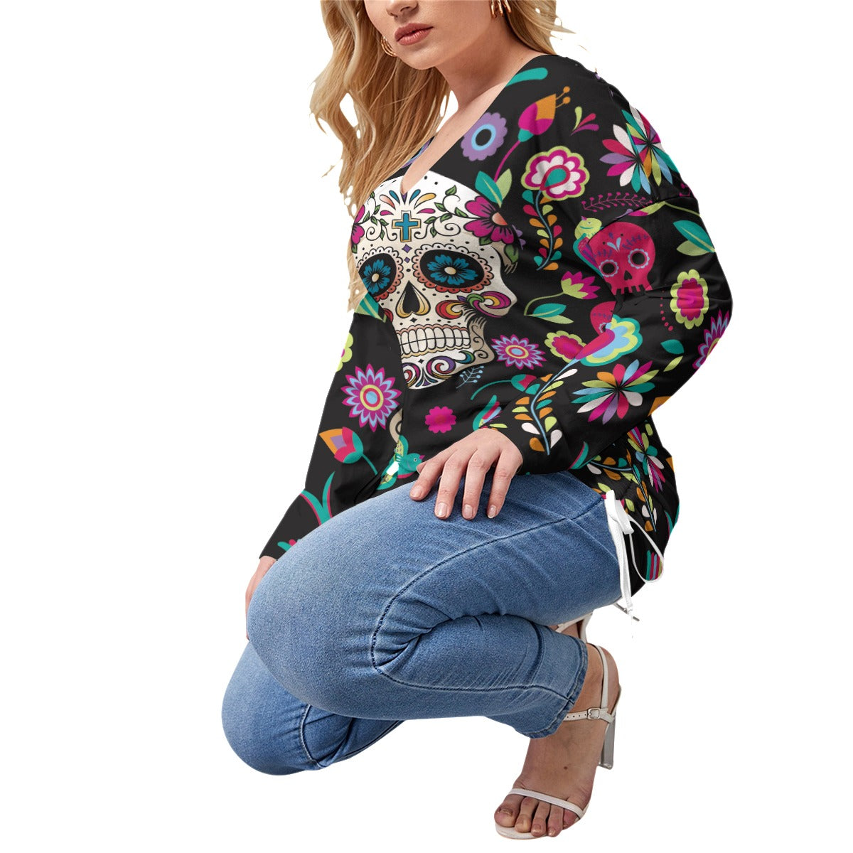 Sugar skull Mexican calaveras Women’s V-neck T-shirt With Side Drawstring(Plus Size)