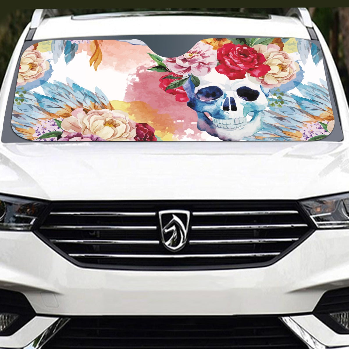 Floral skull Windshield Sunshade, Halloween rose skull sunshade