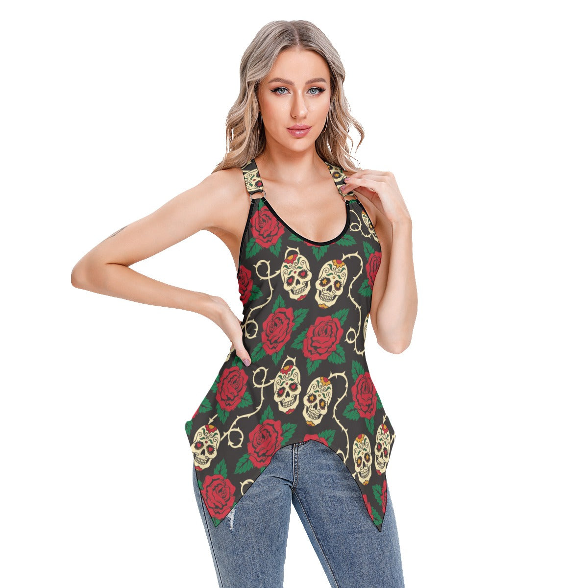 Floral skull day of the dead skeleton Women's Skinny Sport Tank Top