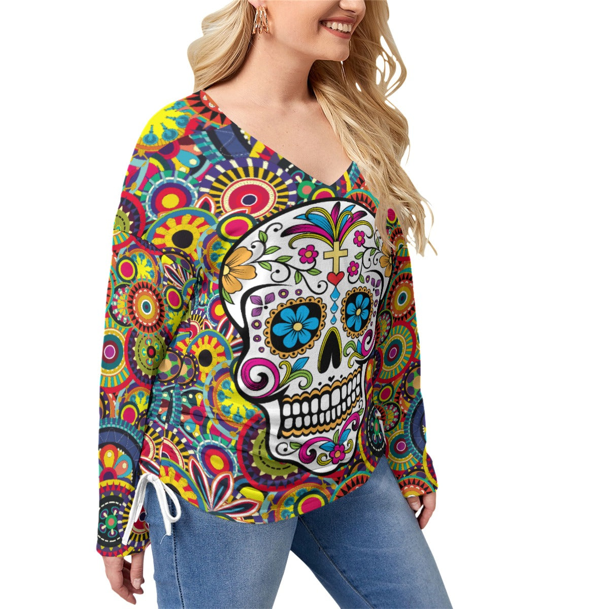 Sugar skull  Women’s V-neck T-shirt With Side Drawstring