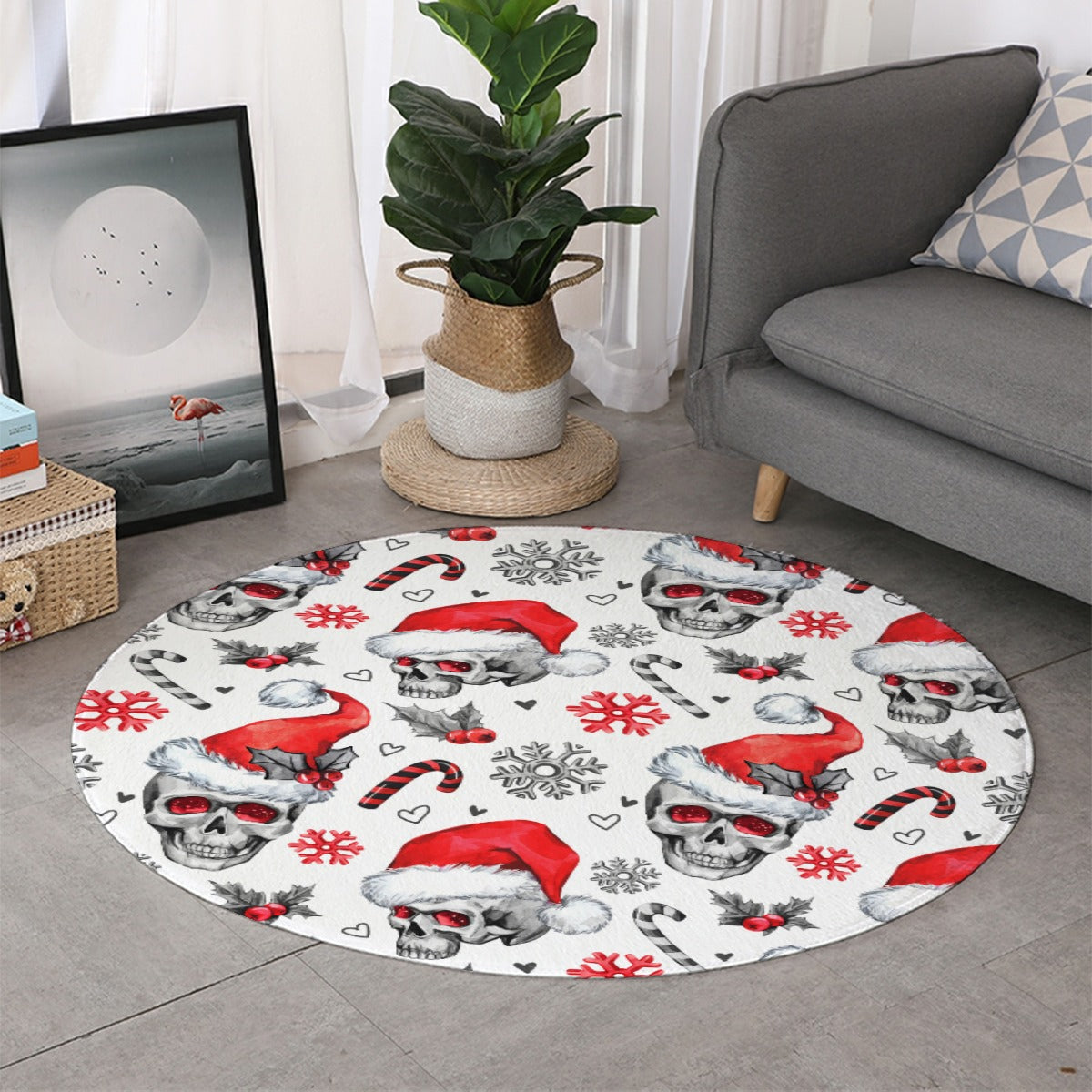 Skull santa claus Thicken foldable door mat, Gothic grim reaper skeleton rounded floor mat rug