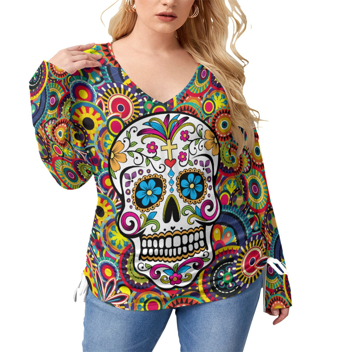 Sugar skull  Women’s V-neck T-shirt With Side Drawstring