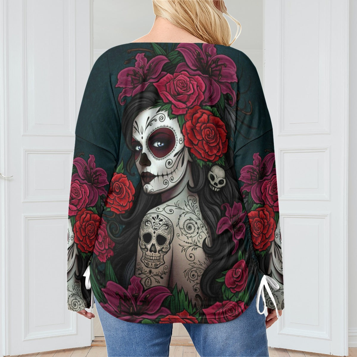 Sugar skull girl Women’s V-neck T-shirt With Side Drawstring(Plus Size)