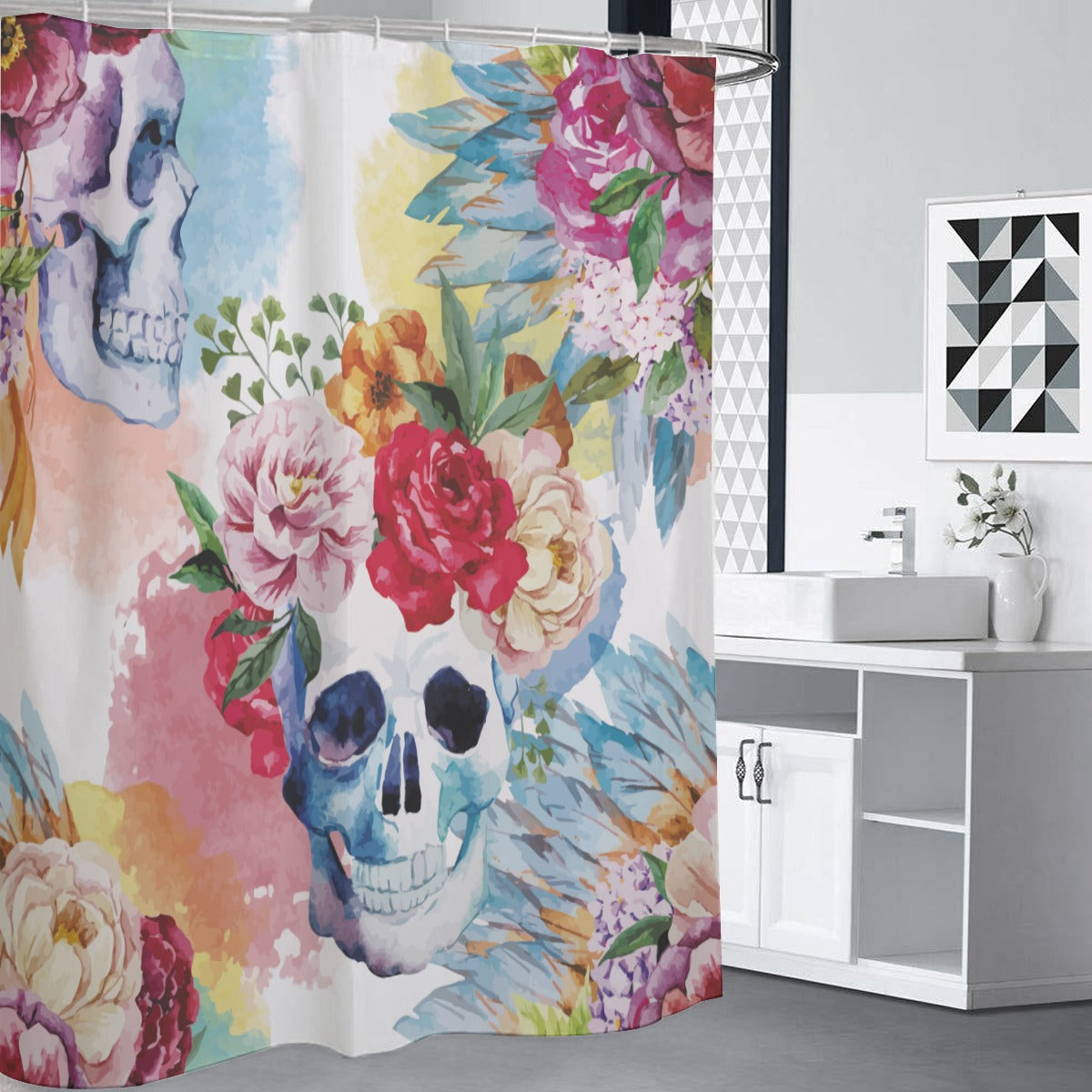 Floral sugar skull Shower Curtains, Day of the dead skull shower curtains, gothic skeleton curtain