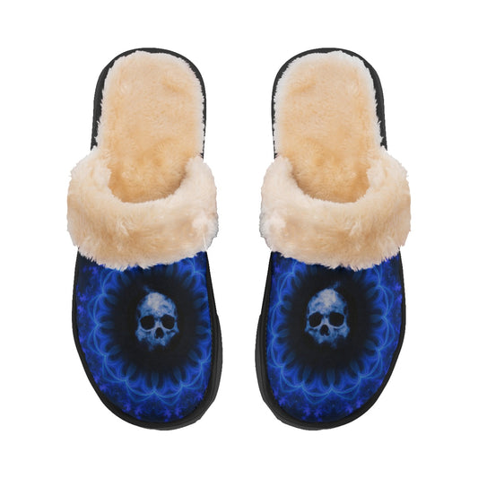 Gothic fire flaming skull Women's Home Plush Slippers, Grim reaper Halloween horror sandals shoes