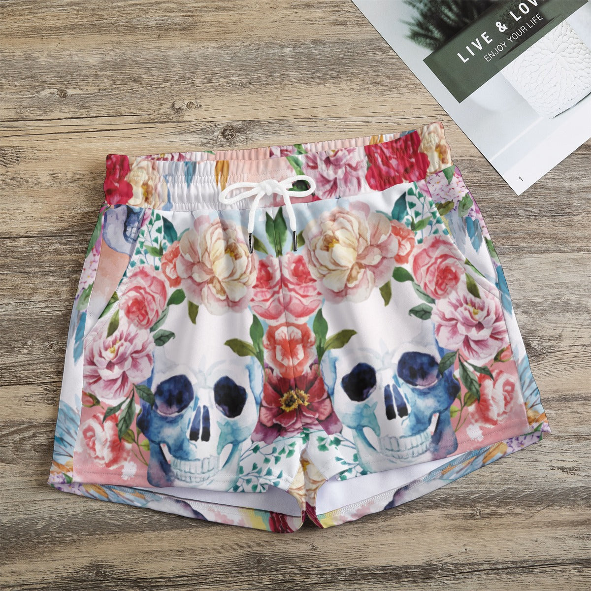 Floral skull Women's Casual Shorts, Halloween skull skeleton women's shorts