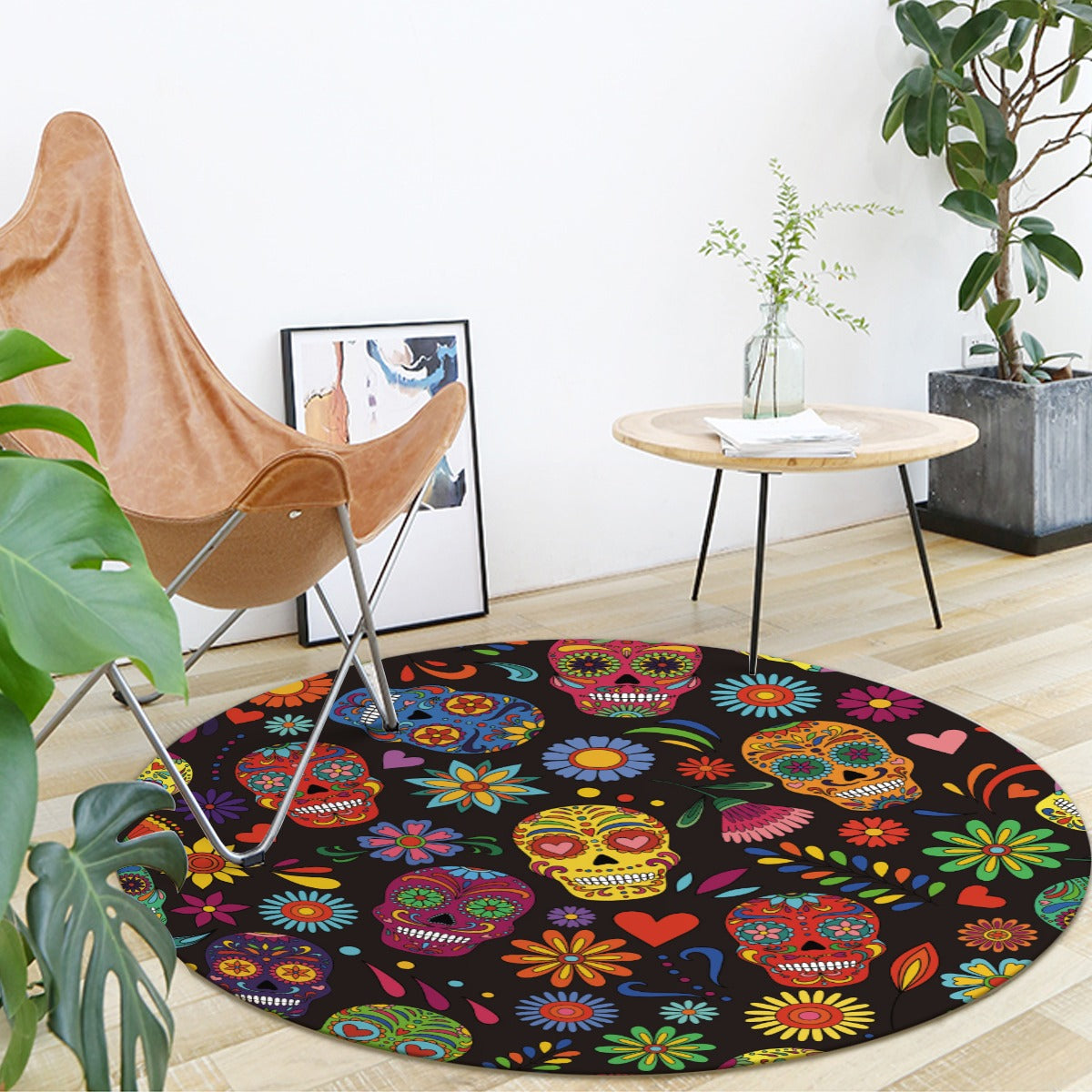Floral dia de los muertos Foldable Rectangular Floor Mat, Foldable round mat