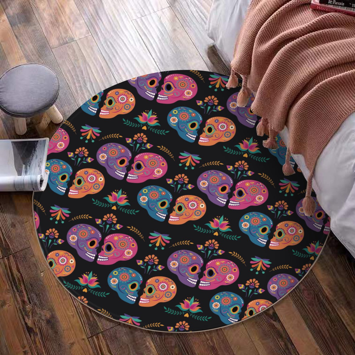 Sugar skull love couple heart Foldable round mat