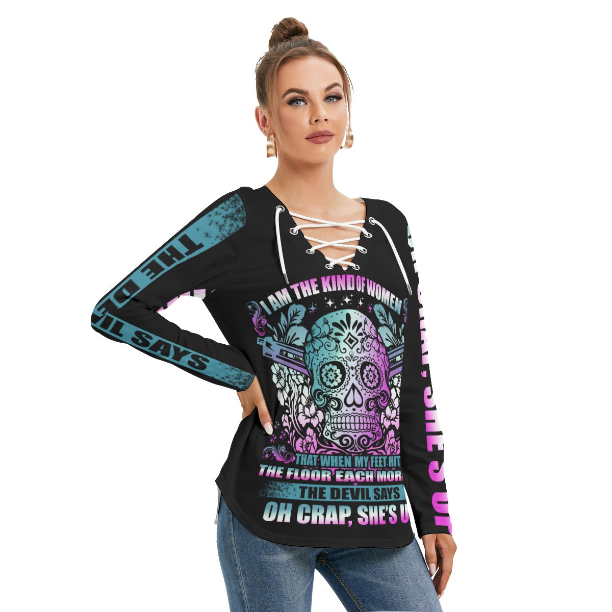 Sugar skull Women's Long Sleeve Neckline Tie Sweatshirt