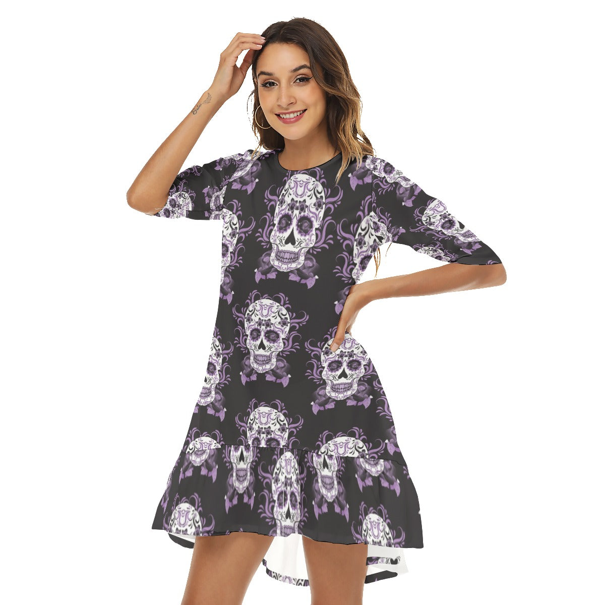 Day of the dead sugar skull Women's Half Sleeve Dress With Ruffle Hem