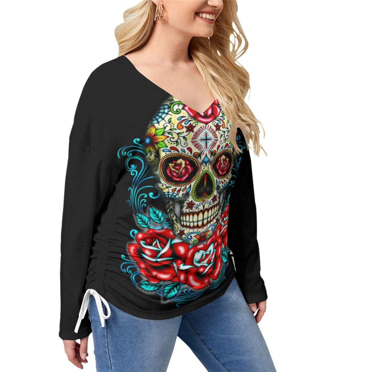 Day of the dead skull Women’s V-neck T-shirt With Side Drawstring(Plus Size)