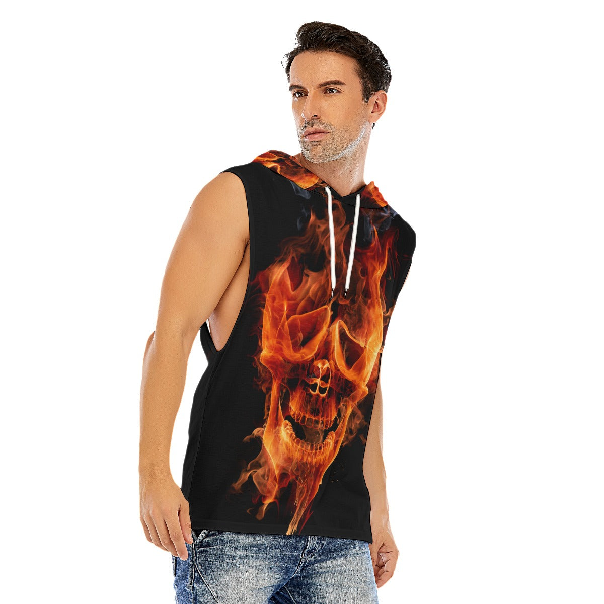 Flaming skull Men’s Hooded Tank Top, Gothic fire skeleton Hooded tank top for men