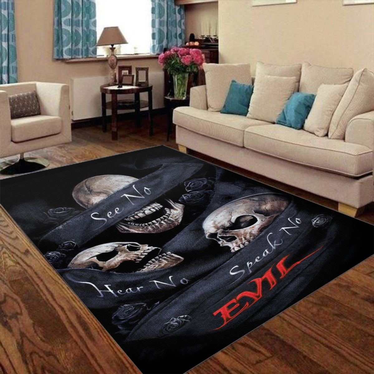 No see no hear no speak evils skull Rectangular Floor Mat