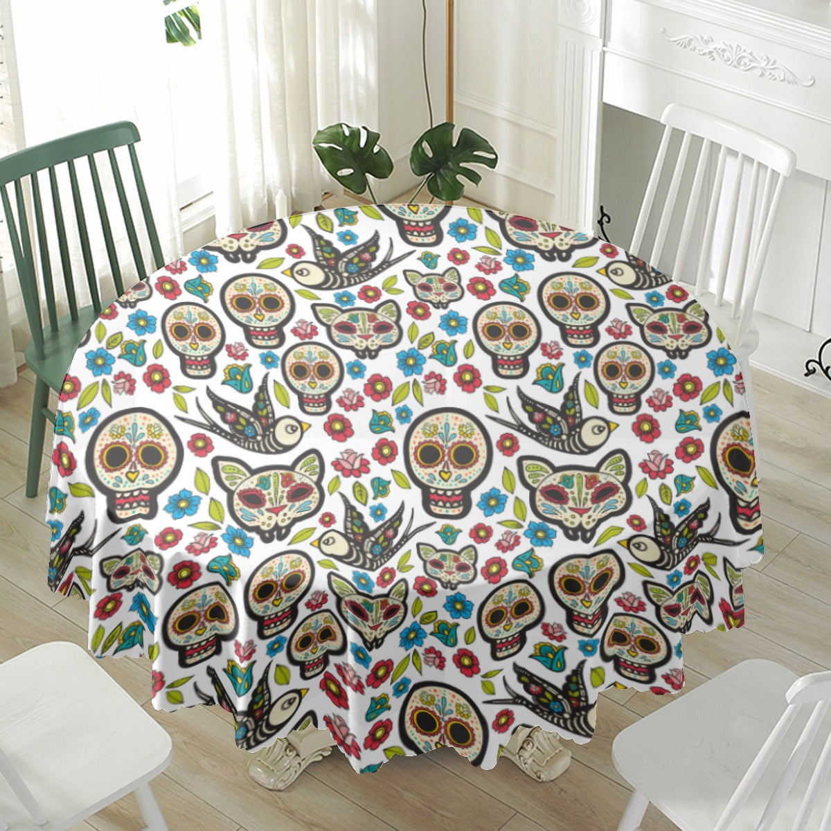 Sugar skull dia de los muertos Waterproof tablecloth | Round 180(gsm), Calaveras skull table runner
