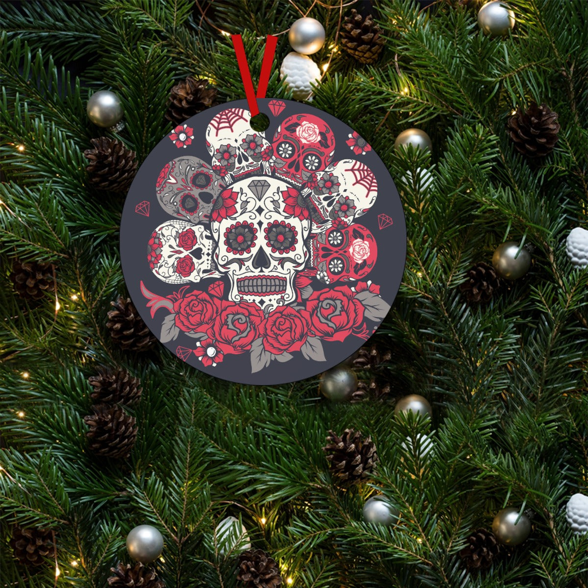 Sugar skull Round Shaped Christmas Tree Aluminum Pendant