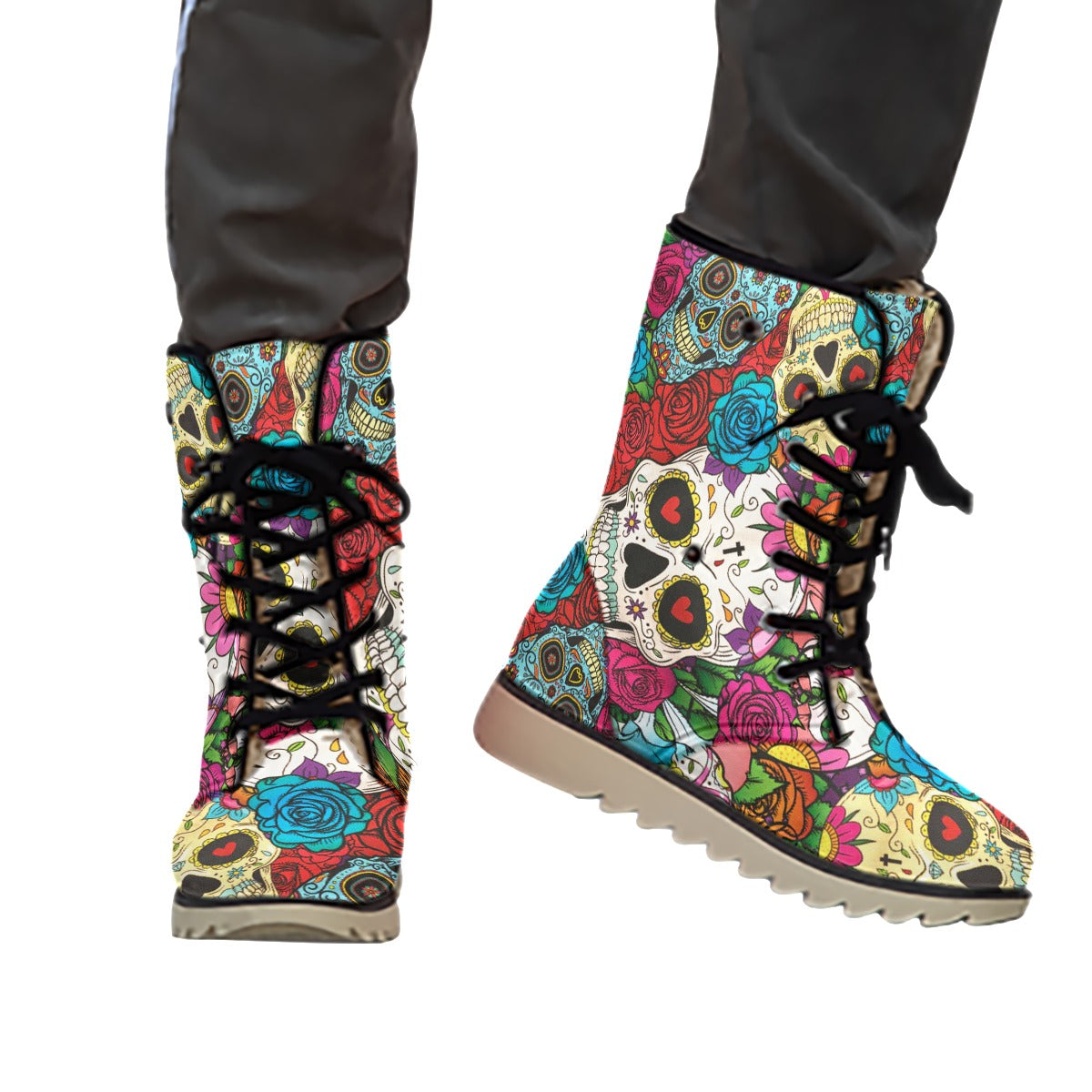 Floral sugar skull day of the dead Women's Plush Boots