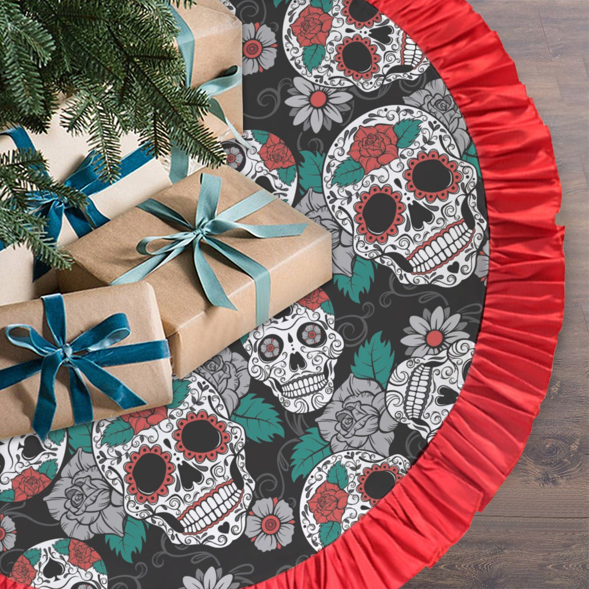 Dia de los muertos sugar skull Red Christmas Tree Skirt