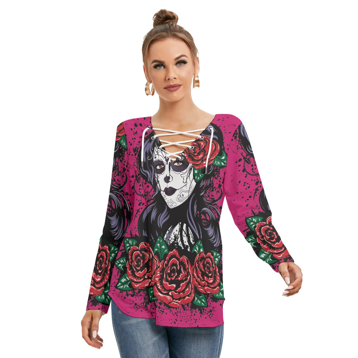 Sugar skull girl Women's Long Sleeve Neckline Tie Sweatshirt