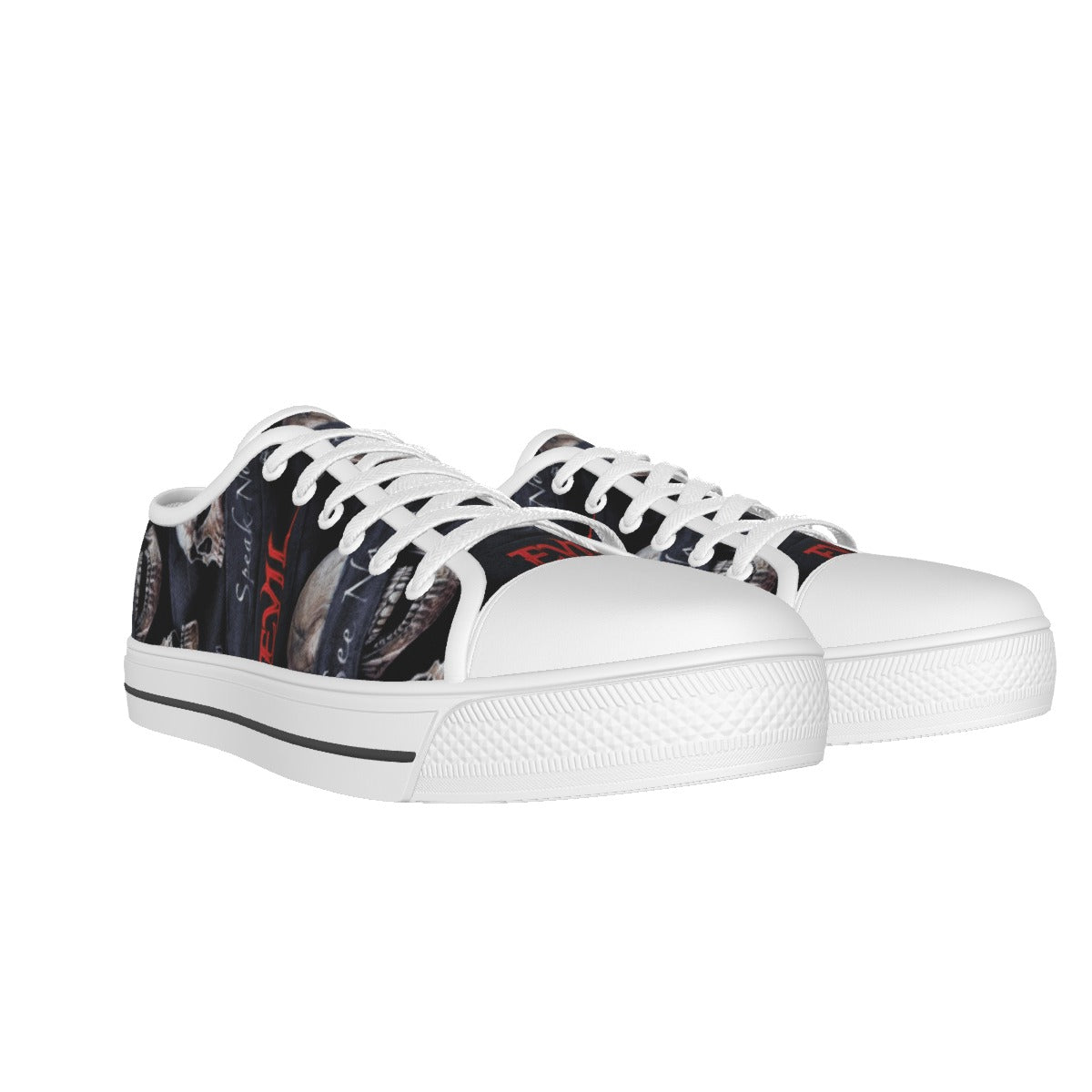 No see no hear no speak halloween skull Women's White Sole Canvas Shoes