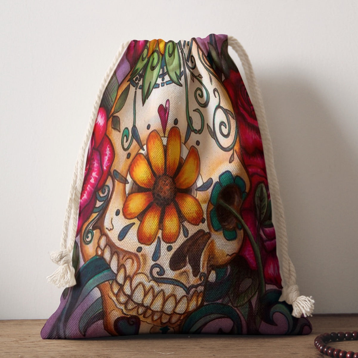 Beautiful floral sugar skull Drawstring Bag