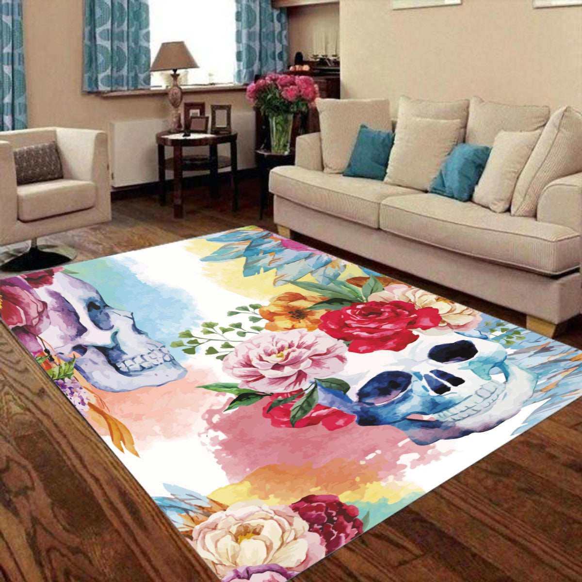 Floral skull Foldable Floor Mat, Rose skeleton Halloween carpet home decoration