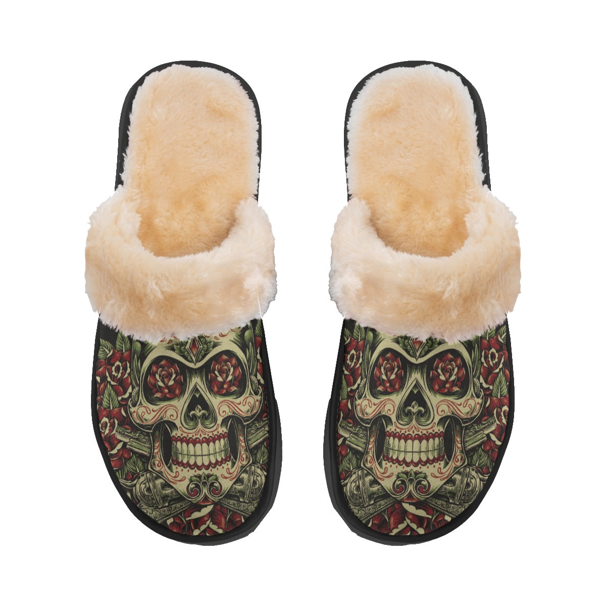 Sugar skull day of the dead skeleton Women's Home Plush Slippers, Halloween sandals flip flops