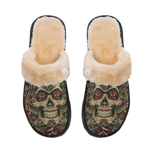 Sugar skull day of the dead skeleton Women's Home Plush Slippers, Halloween sandals flip flops