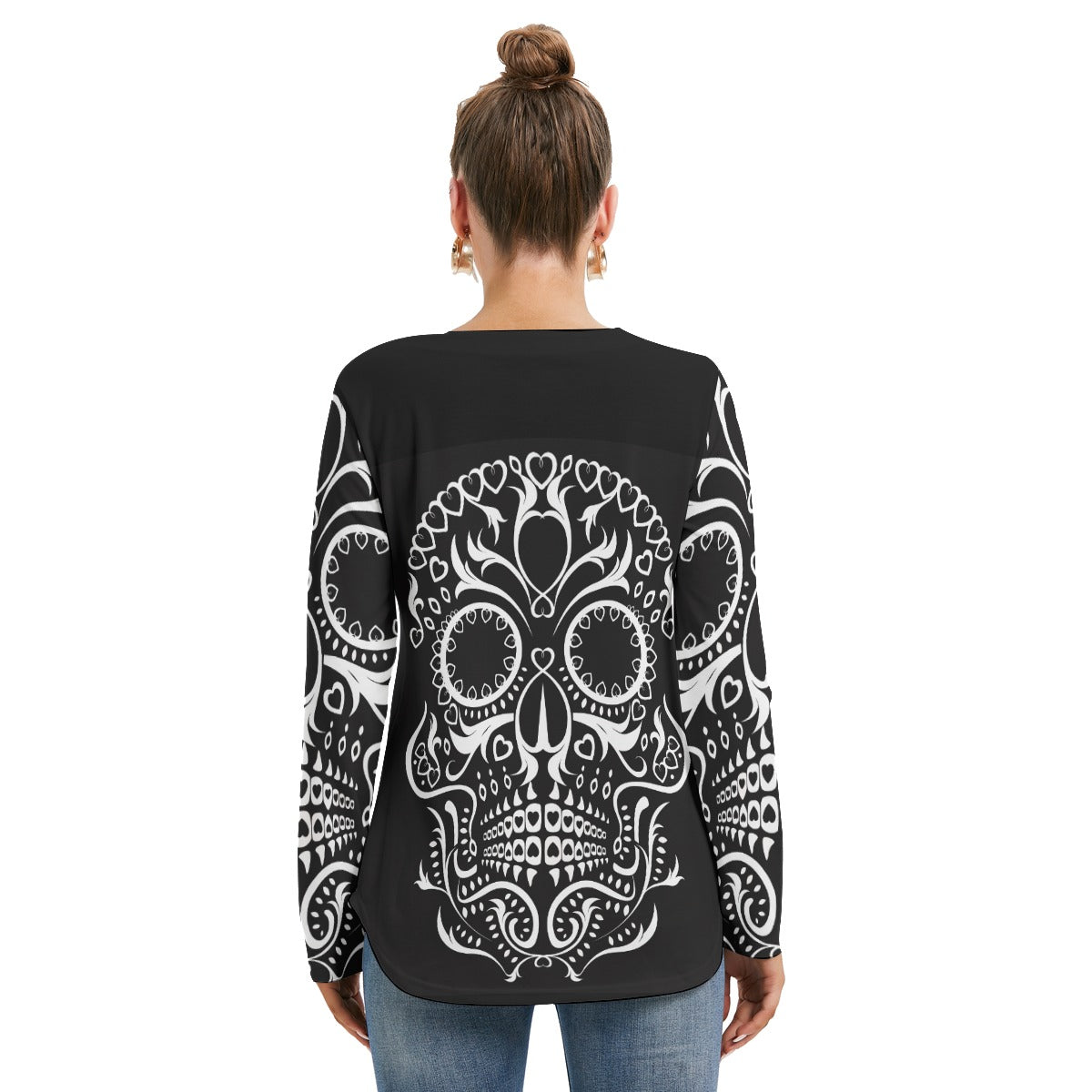 Day of the dead skull Women's Long Sleeve Neckline Tie Sweatshirt