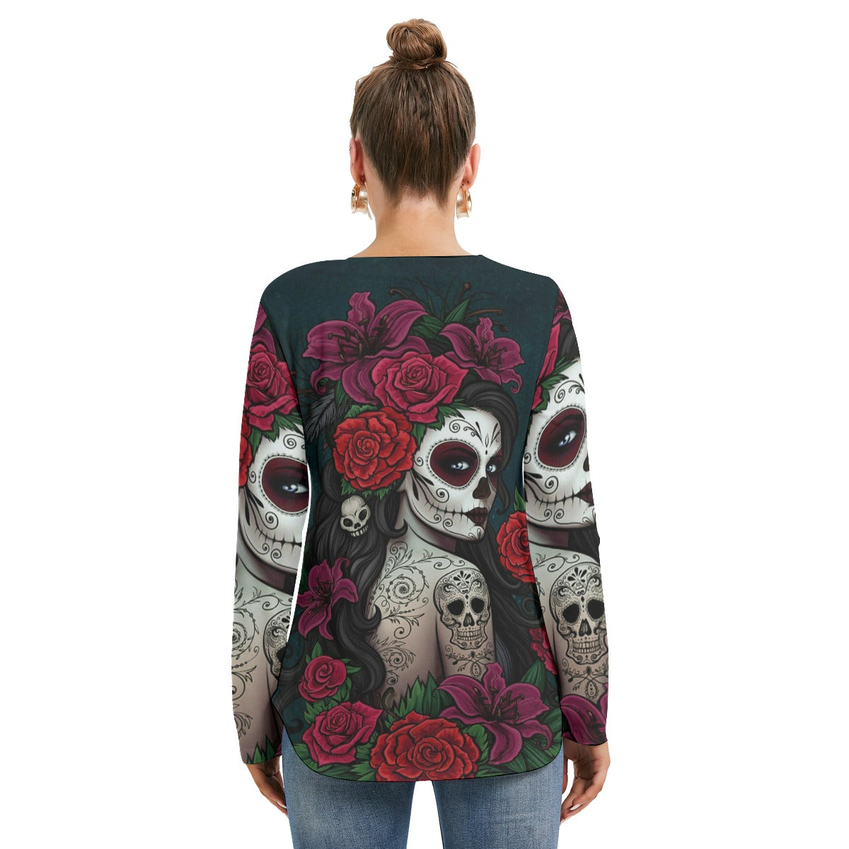 Day of the dead girl Women's Long Sleeve Neckline Tie Sweatshirt