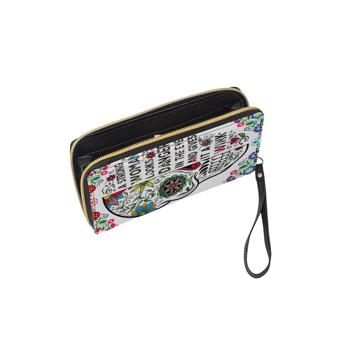 Sugar skull Long Wallet With Black Hand Strap