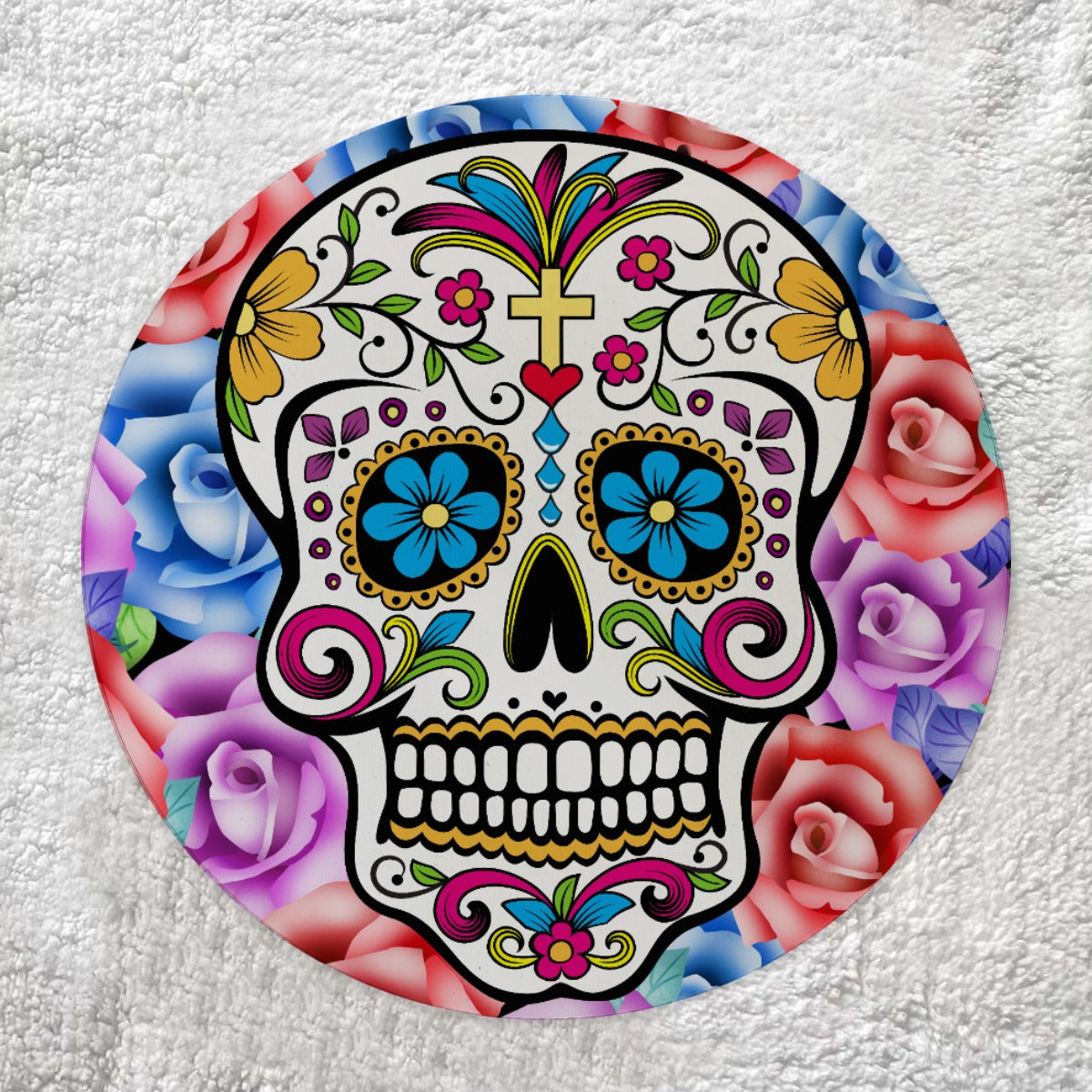 Christmas sugar skull Round doorplate with bow decoration, Day of the dead decoration