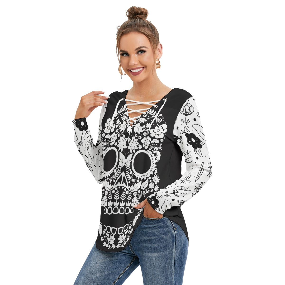 Sugar skull floral pattern Women's Long Sleeve Neckline Tie Sweatshirt