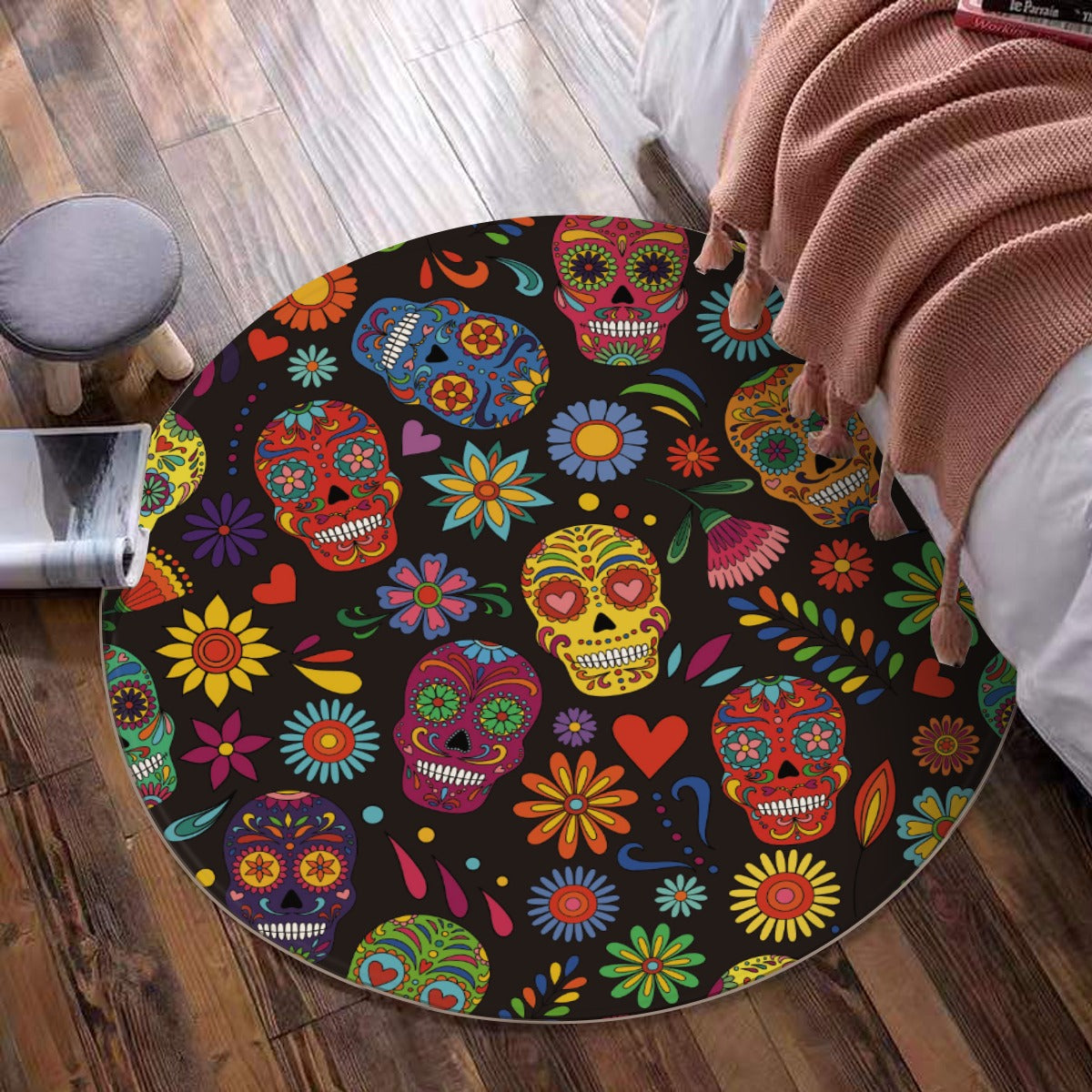 Floral dia de los muertos Foldable Rectangular Floor Mat, Foldable round mat