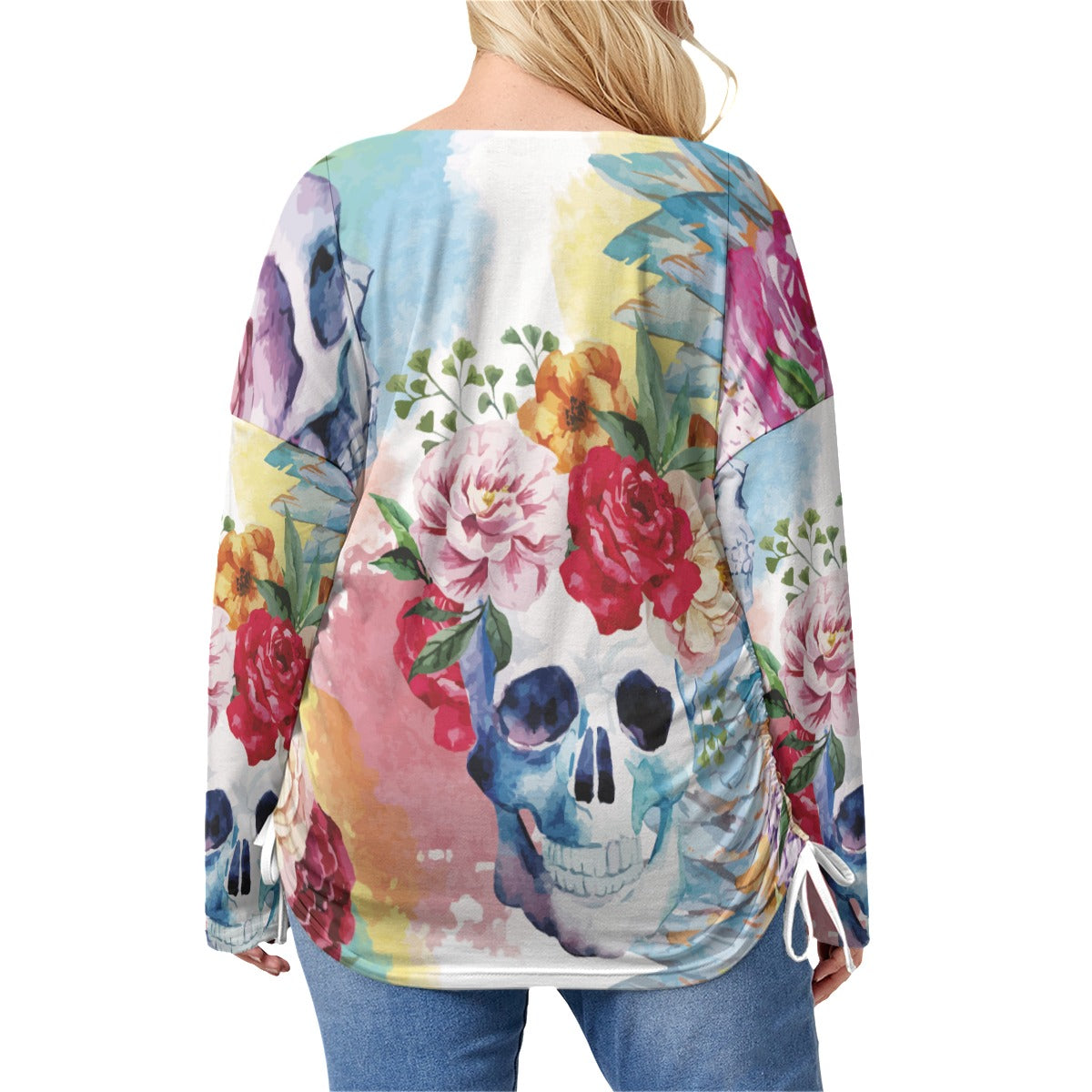 Floral skull Women’s V-neck T-shirt With Side Drawstring, sugar skull shirt