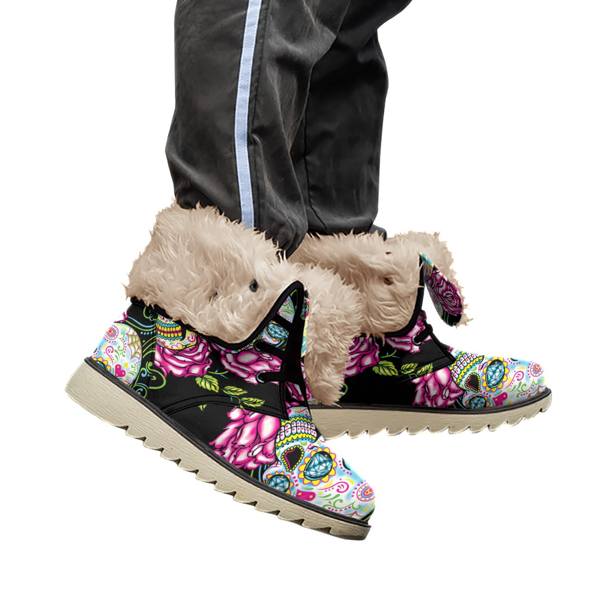 Sugar skull Day of the dead Women's Plush Boots, Floral skull boots