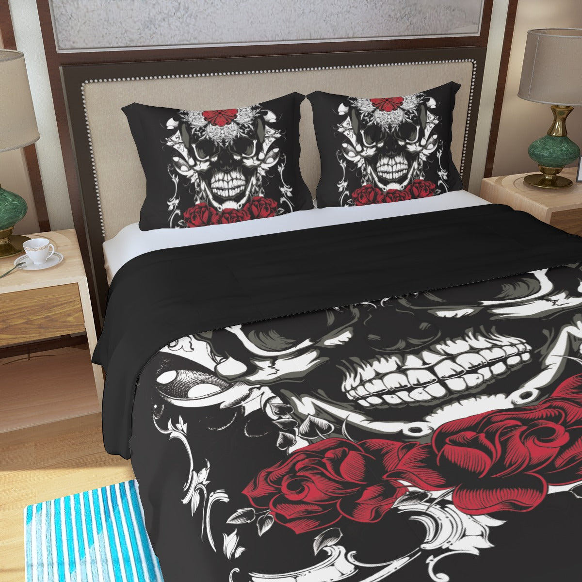 Floral rose skull Three Piece Duvet Cover Set