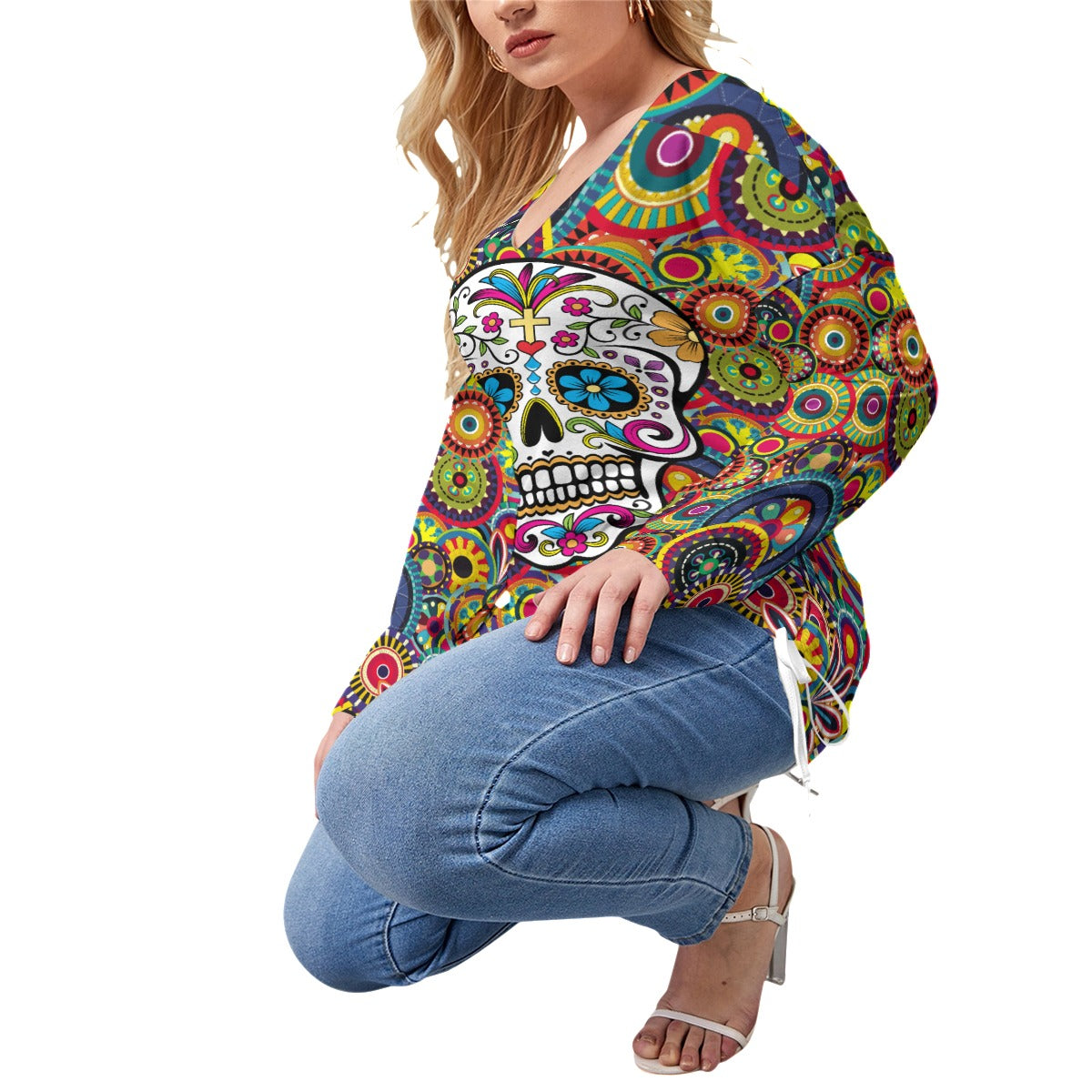 Sugar skull  Women’s V-neck T-shirt With Side Drawstring