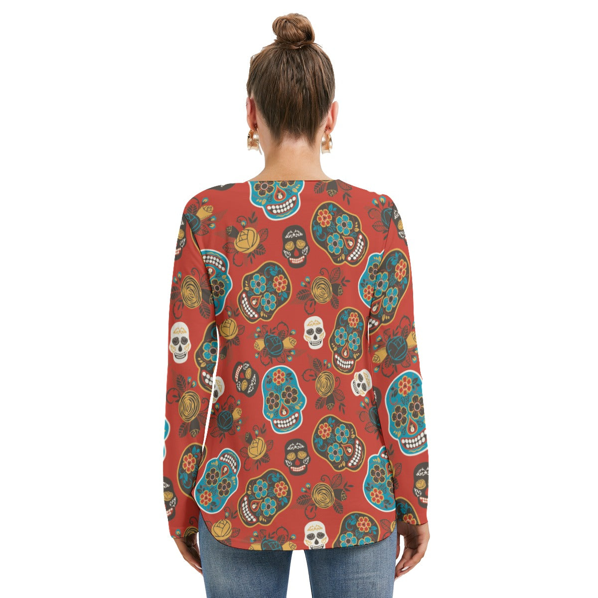 Sugar skull day of the dead Women's Long Sleeve Neckline Tie Sweatshirt