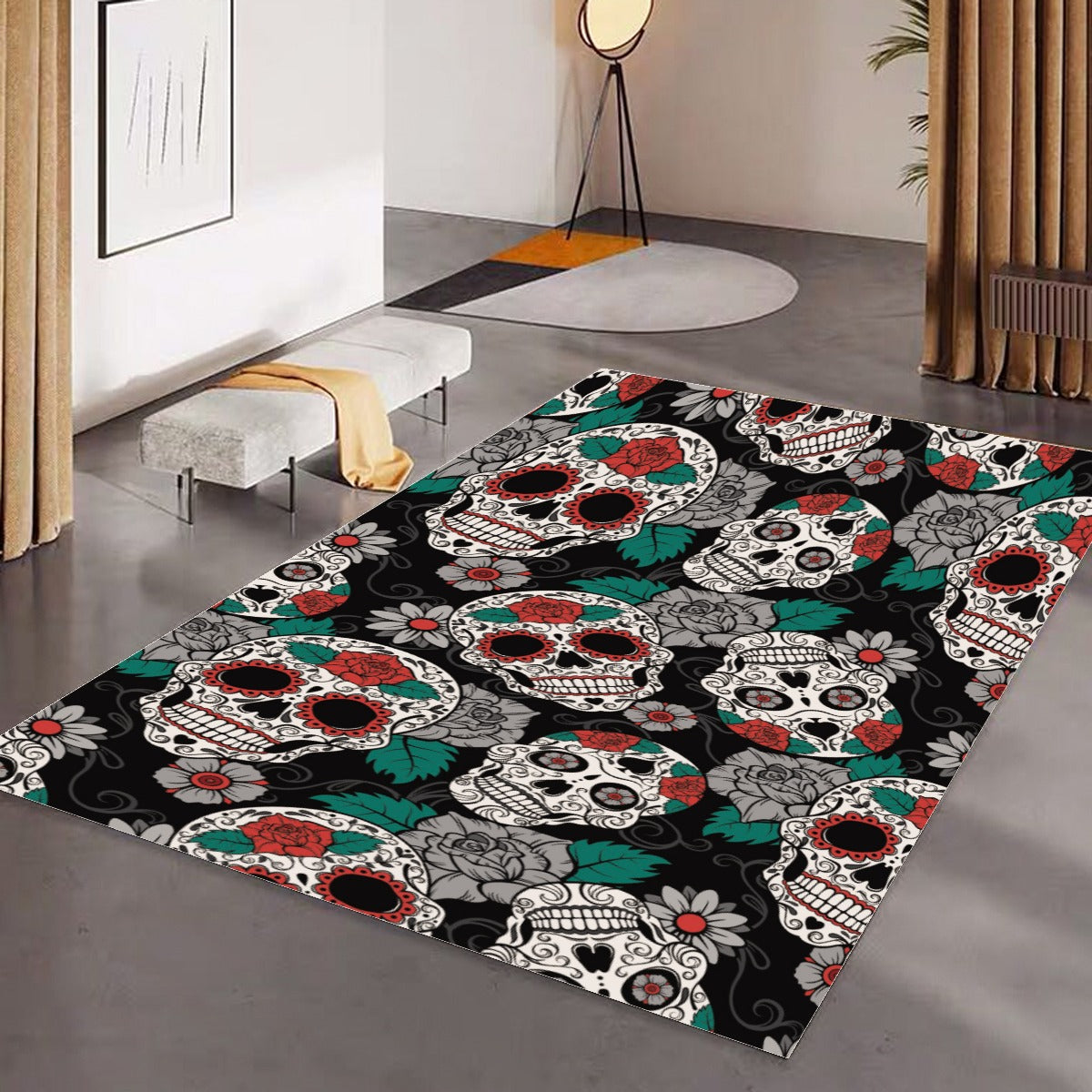 Floral sugar skull pattern Foldable Rectangular Floor Mat