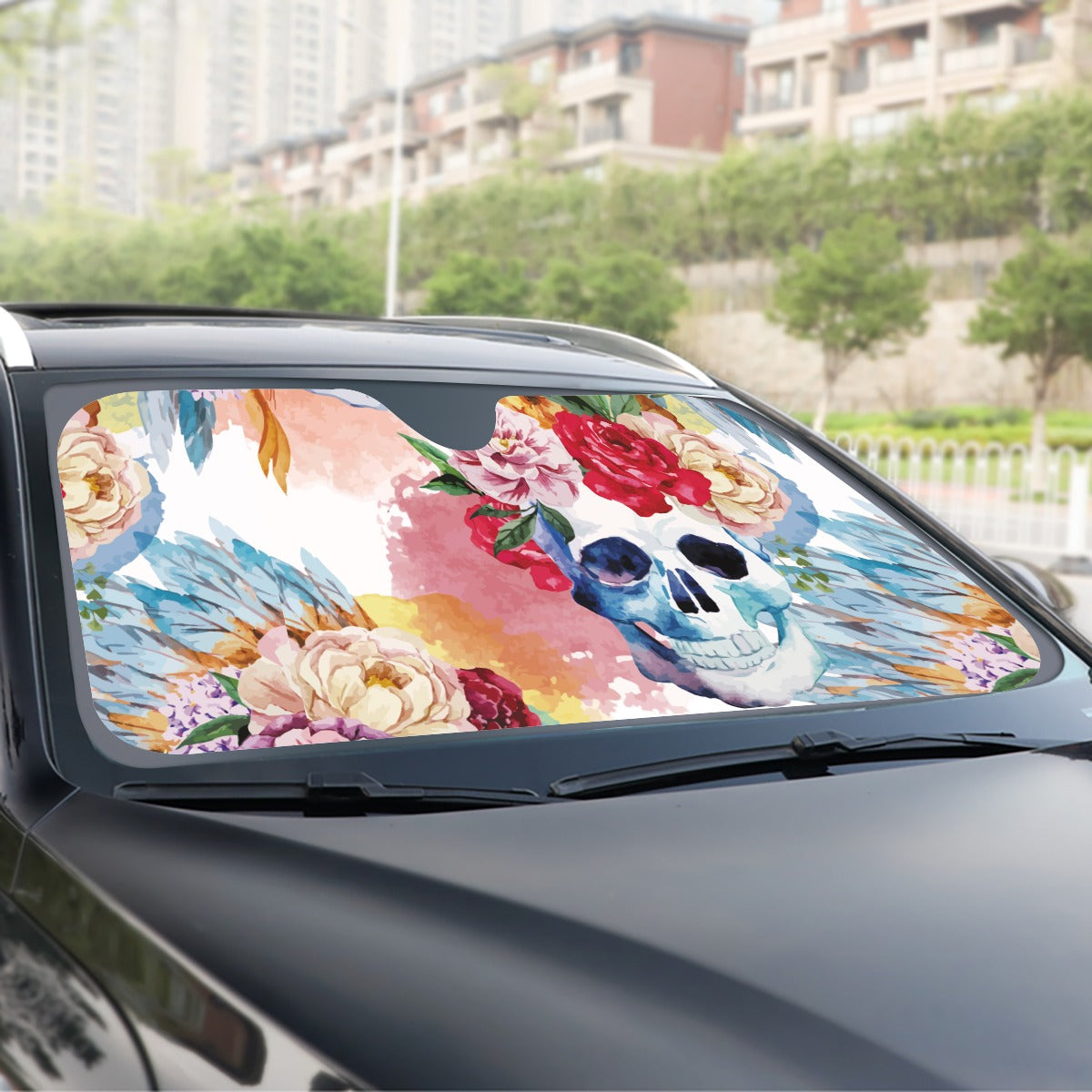 Floral skull Windshield Sunshade, Halloween rose skull sunshade