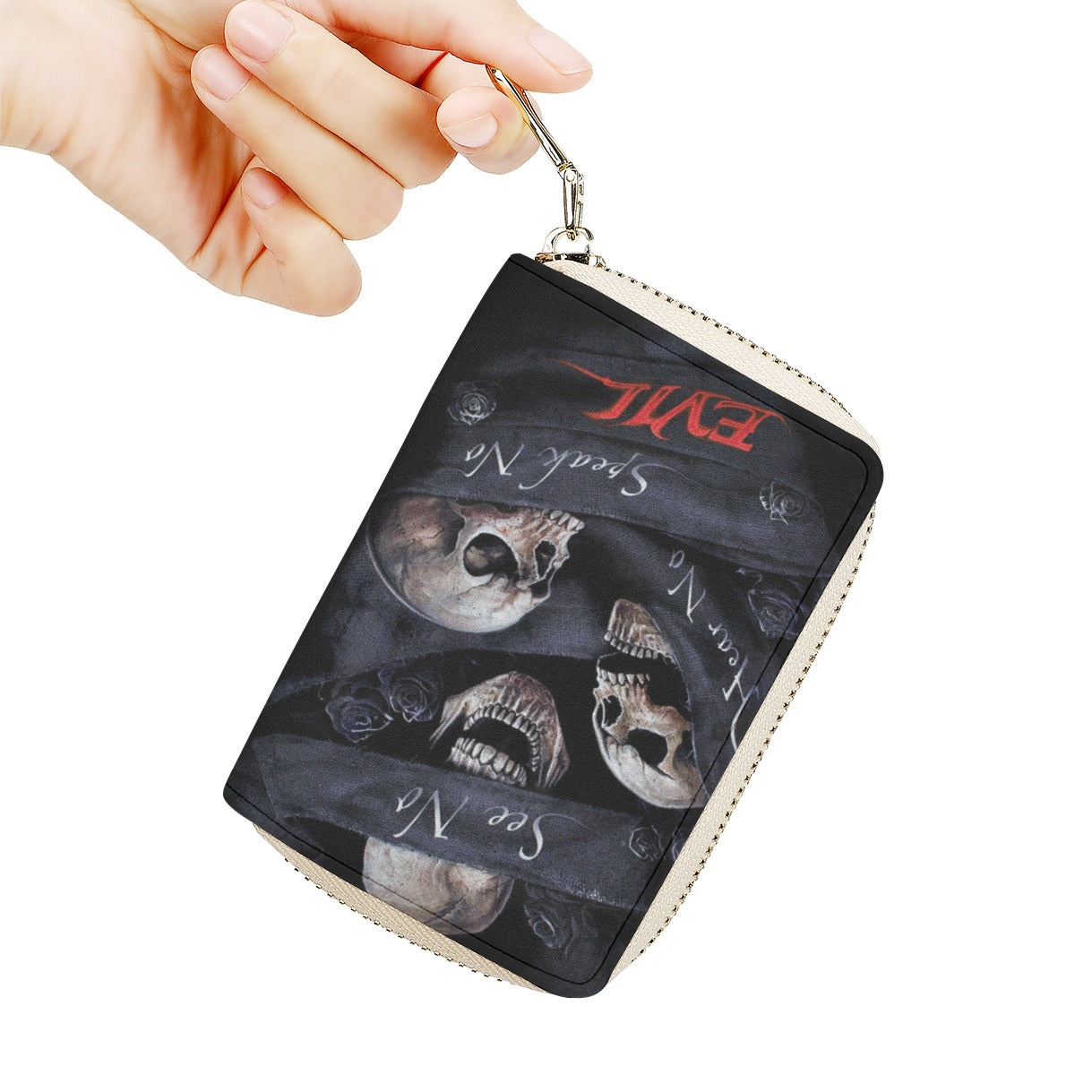 No see no hear no speak evils skull PU Card Holder, Halloween skull skeleton card holder