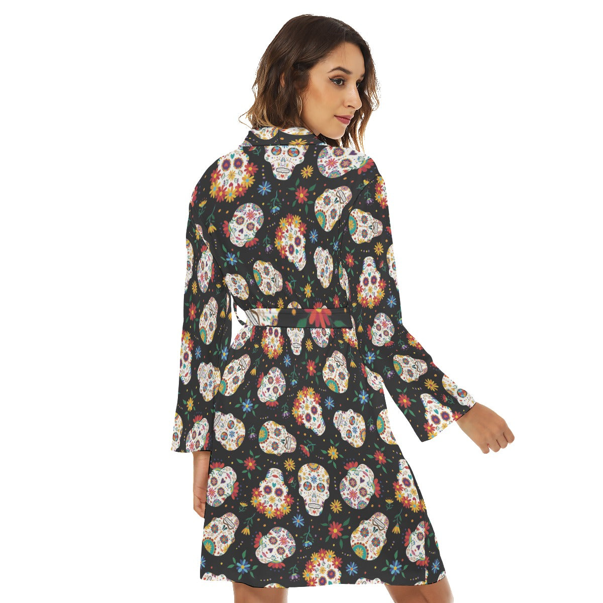 Floral sugar skull day of the dead Women's Robe