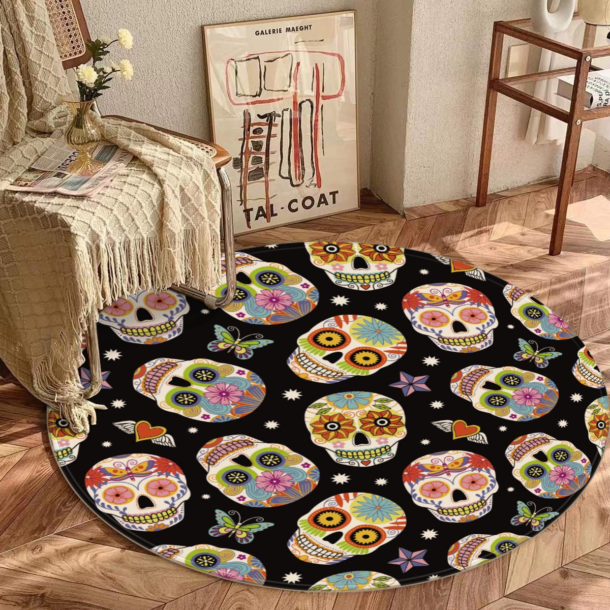 Sugar skull floral pattern Foldable round mat