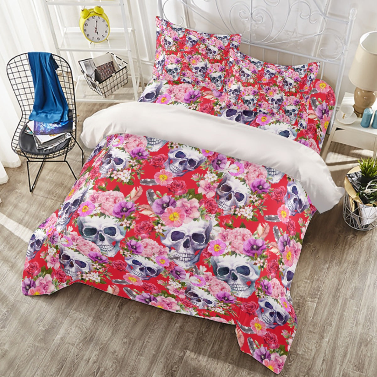 Floral pattern sugar skull Halloween skeleton Four-piece Duvet Cover Set