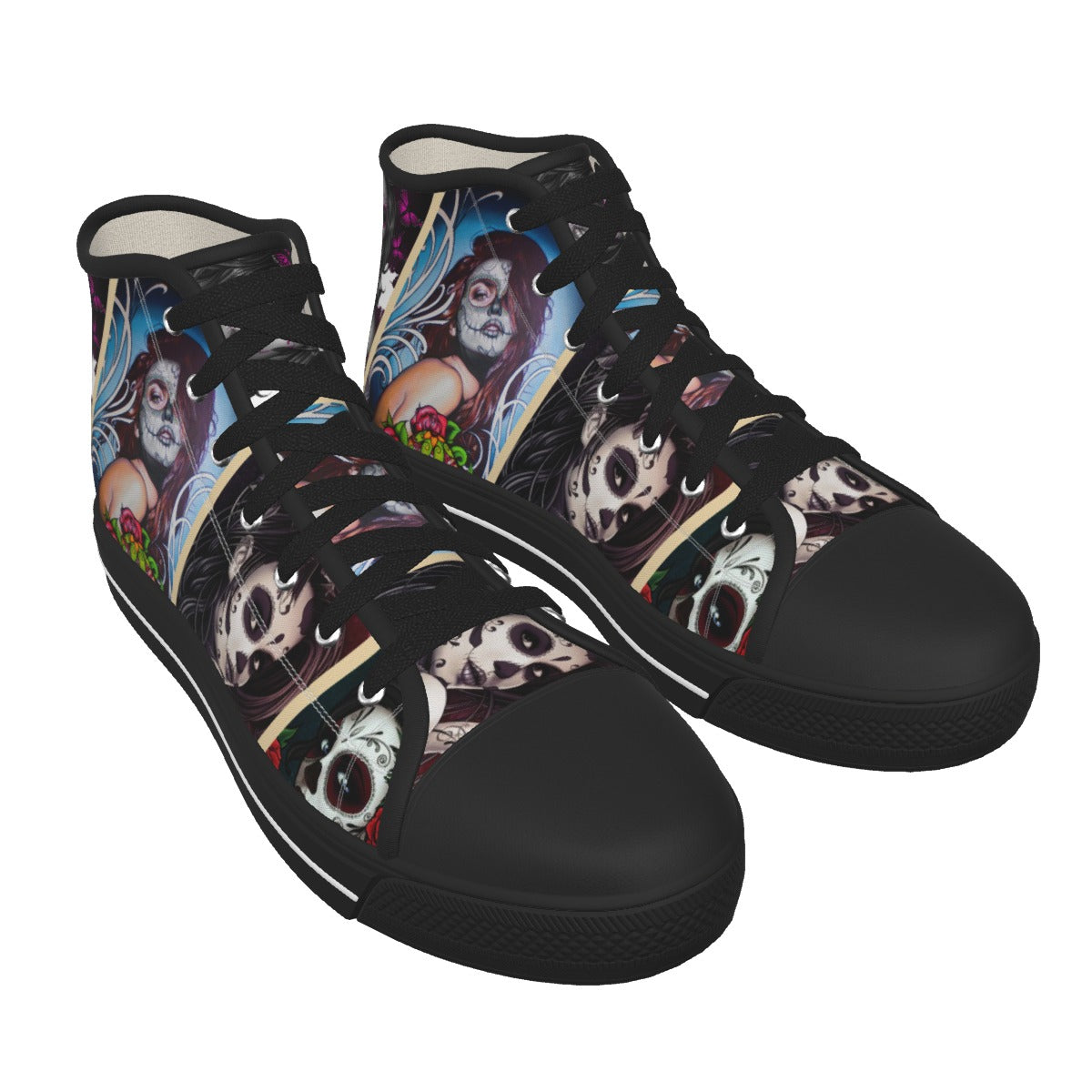 Sugar skull beautiful gilrs Women's Black Sole Canvas Shoes