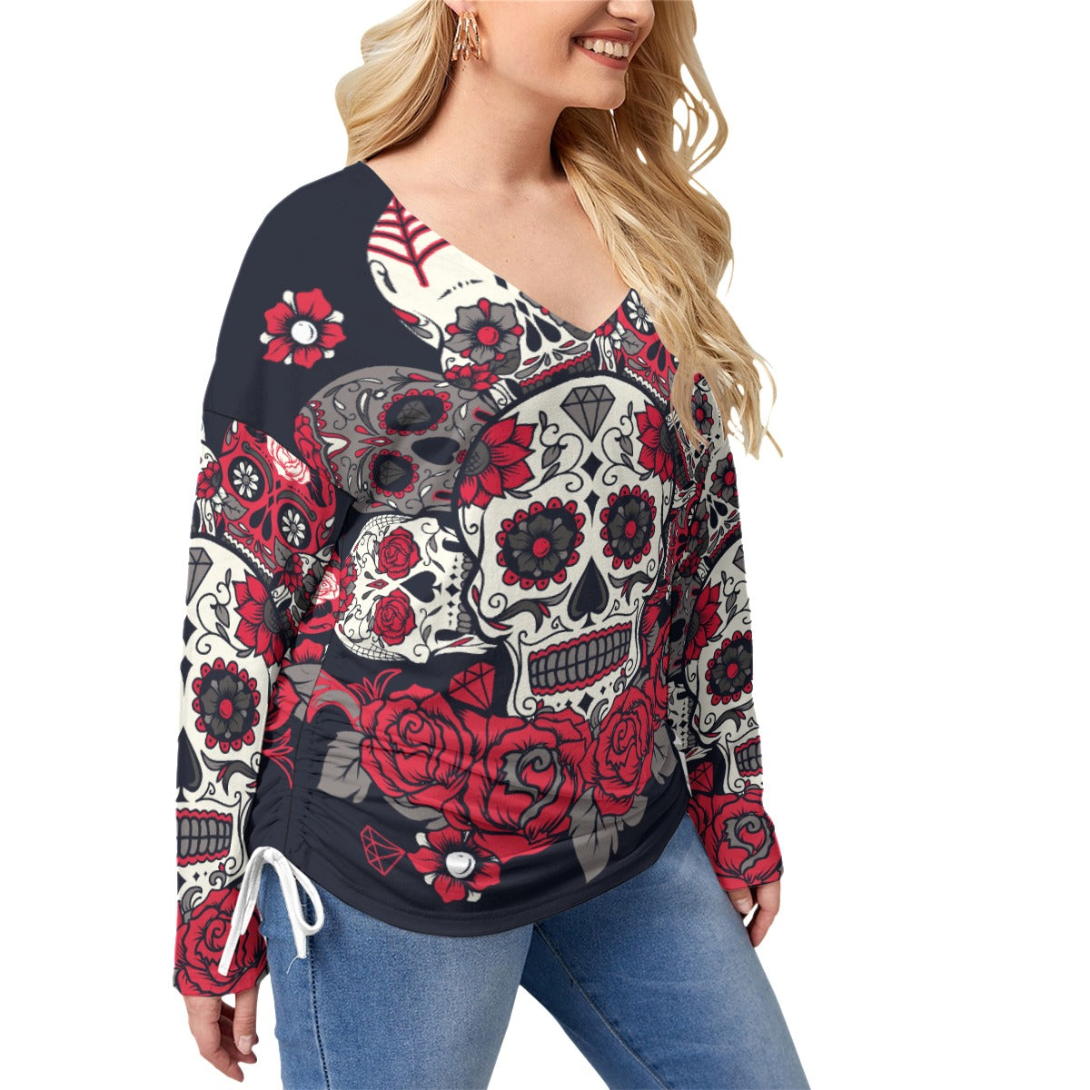 Floral sugar skull pattern Women’s V-neck T-shirt With Side Drawstring(Plus Size)