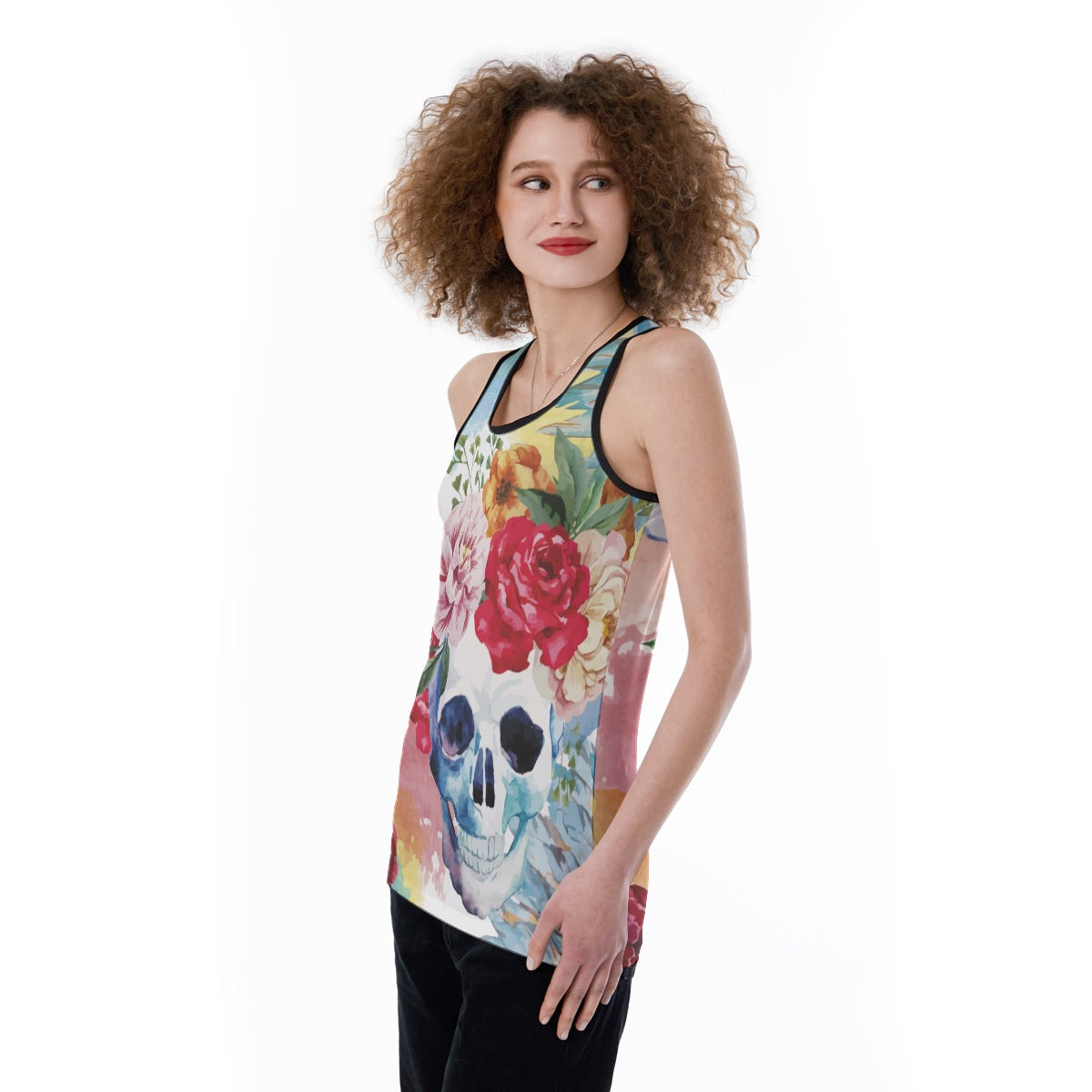 Skull floral Women's Back Hollow Tank Top, Sugar skull tank top, sugar skull shirt